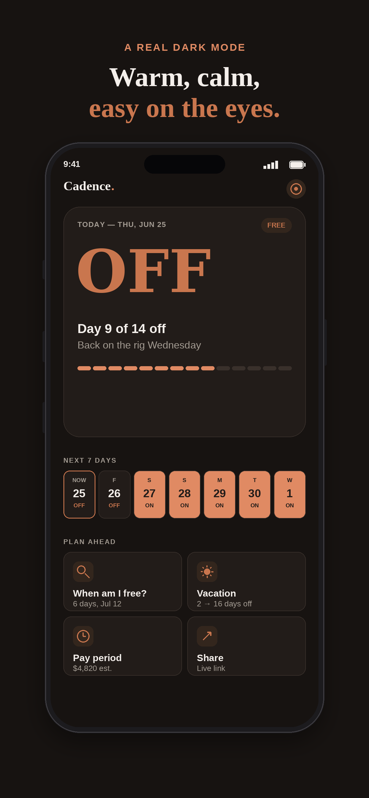 Cadence Today screen in dark mode